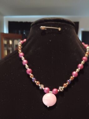 Handcrafted Pink Beaded Necklace with Round Pink Pendant